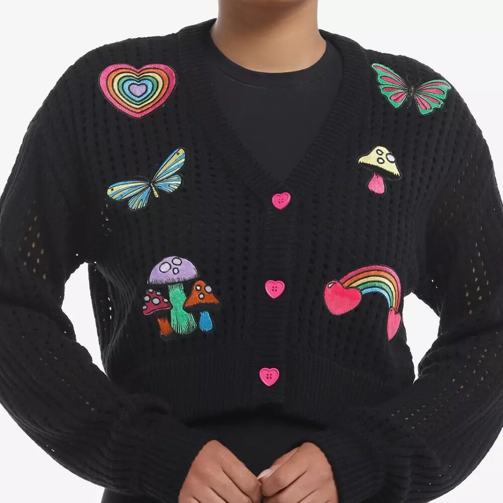 Social Collision Rainbow Icon Crop Knit Black Cardigan XL